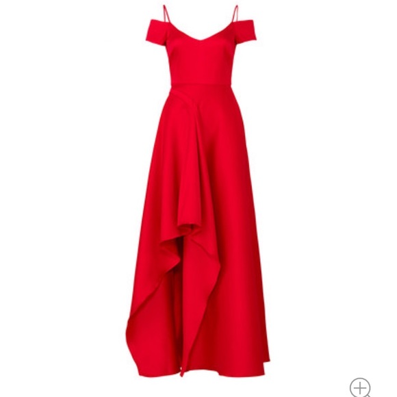 Bagley Mishka red asymmetrical gown off shoulder - Picture 2 of 14